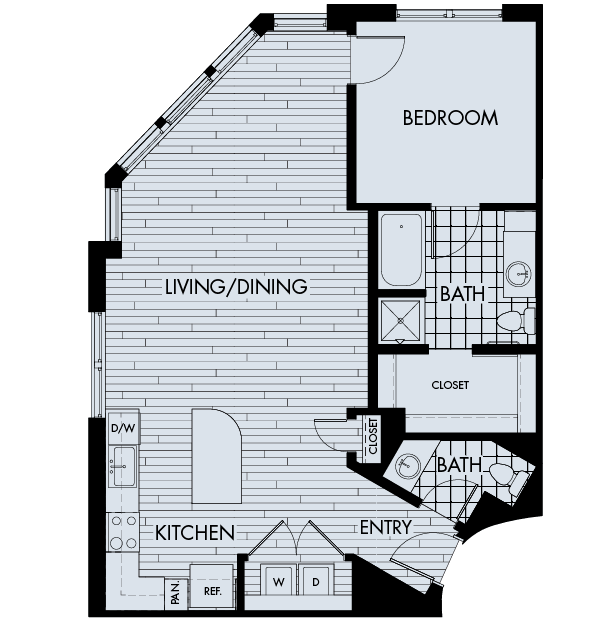 Floor plan for 1 bed, 1.5 baths, 994 sqft